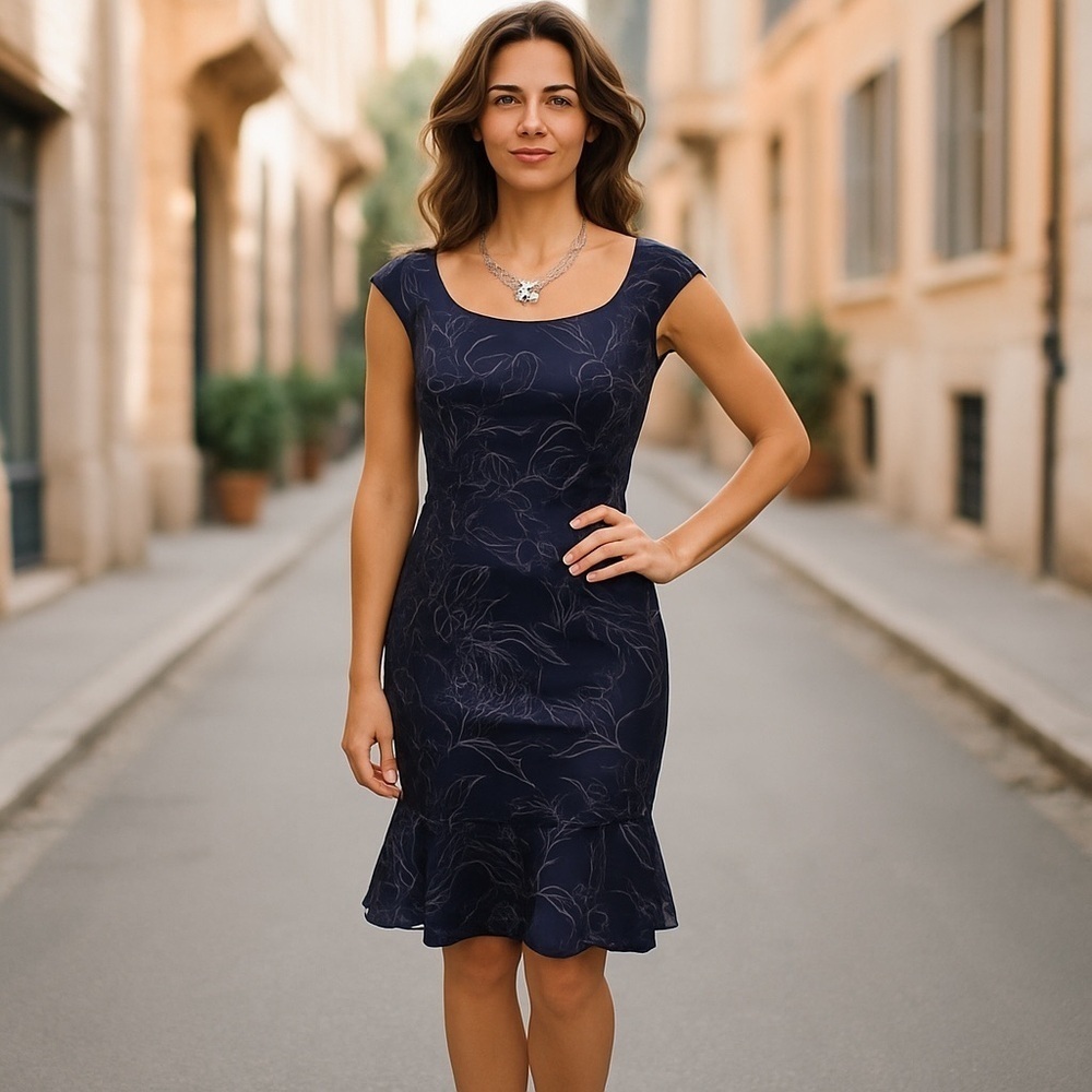 David Meister Floral Flounce Hem Sheath Dress Cocktail Party 6 Small